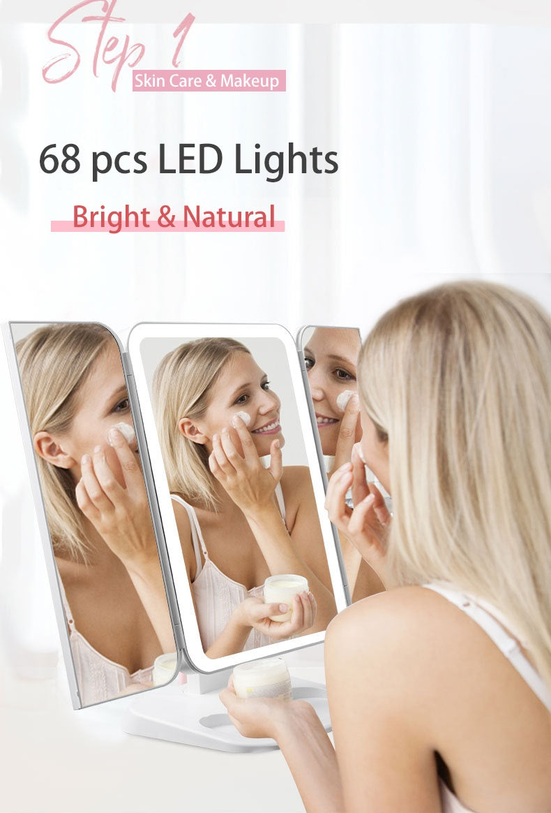 Trifold Makeup Mirror With Light 68 LED Vanity Mirrors 10X Magnifying 180Rotation