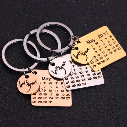 Calendar Keychain Custom Gift Engraved Date Name Stainless Steel Key Ring Anniversary Birthday Gift