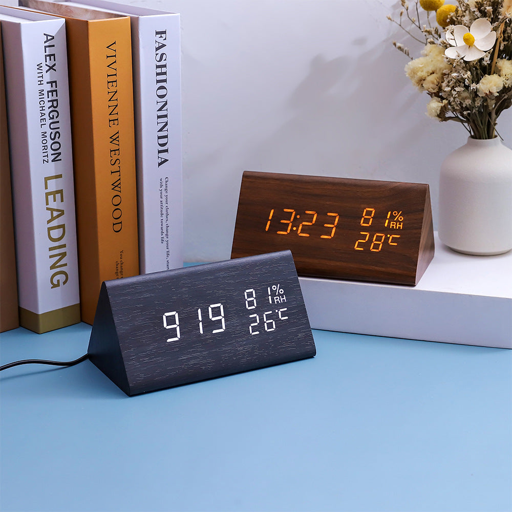 Electronic Alarm Clock Multifunctional Digital Display Temperature And Humidity Time Wood